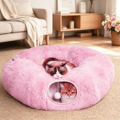 Cat Bed Tunnel Tube Toy Pink Plush | Collapsible Round Tunnels for Indoor Cats, Interactive Toys Play Tubes with Hanging Ball for Kitten, Puppy, Rabbit - color: Pink Plush O