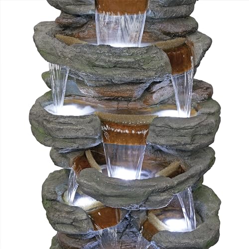 Alpine Corporation TZL352 Outdoor Floor Stone Tower Fountain with LED Lights, Multi-Level Garden Water Fountain, 47"H, Gray - style: 47" H - Multi-Level Cool White LEDs