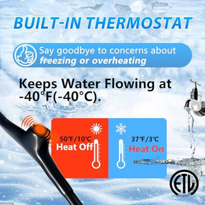 HEATIT 5W/ft Self-Regulating Pipe Heat Cable with Auto Thermostat 60Ft 120V | ETL certified for freeze protection and safe operation, built-in thermostat turns on at 37°F (3°C) , off at 50°F (10°C). - style: 60 ft