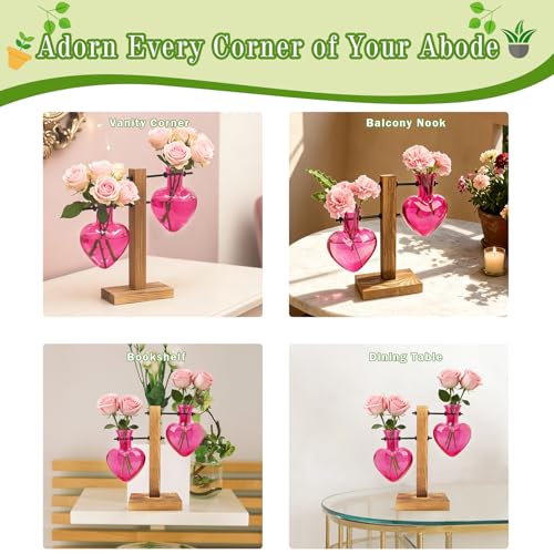 XXXFLOWER Plant Propagation Station Terrarium 2 Pink Heart Shaped Vase | Terrarium Kit Bulb Glass Metal Desk Plant Holder, Retro Air Plants Water Plants, Home Office Decoration - color: Pink