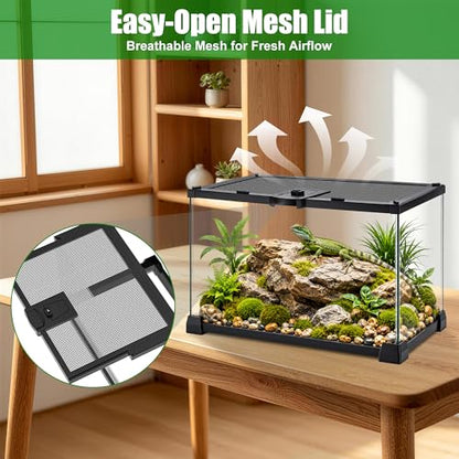 12" x 8" x 6" Small Glass Reptile Terrarium Tank | Top-Opening Mesh Lid with Latch, Fully Assembled Enclosure for Tarantulas, Frog, Isopods and Small Reptiles - size: 12" x 8" x 6"