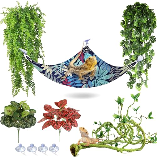Bearded Dragon Tank Accessories, Bearded Dragon Hammock, Artificial Reptile Plants Leaves & Vines, Habitat Decoration Reptile Terrarium Accessories for Snake Gecko Lizard Frog to Hide and Climb