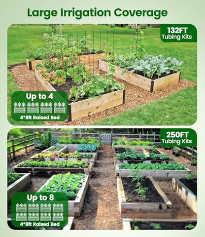 132FT Drip Irrigation Tubing Kit with 1/2 inch Drip Irrigation Tubing, 1/4 inch Irrigation Dripline, and Irrigation Parts for Garden, Raised Beds, and Greenhouse Watering - size: 132FT