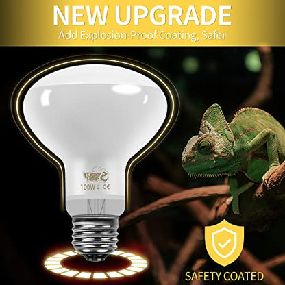 LUCKY HERP New Upgrade 100W Reptile Heat Lamp Bulb (3rd Gen, Safer), Amphibian Basking Spot Light Bulb, UVA Reptile Daylight Bulb for Turtle, Bearded Dragon, Lizard Heating Use (2 Pack) - size: 100