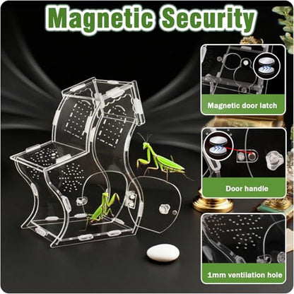 Magnetic Acrylic Enclosure for Jumping Spiders & Small Reptiles – 5.9"x4.7"x9.4" Escape-Proof Habitat with Easy-Feed Magnetic Door, 3mm Thick Clear Terrarium for Tarantulas, Mantis, Geckos & Beetles