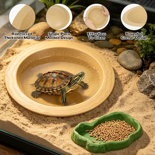 Reptile Bathing Pool with Pet Food Feeding Plate, Embedded Turtle Bathing Pool with Ramp Reptile Feeding Dish Water Bowl Habitat Accessories for Gecko, Snake, Turtle, Bearded Dragon, Lizard Bath