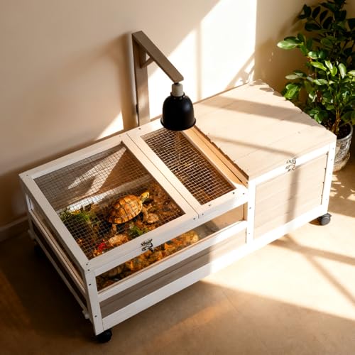 Tortoise Habitat with Lamp Holder in Indoor & Outdoor, Wooden Extensible Turtle Enclosure Table with 4 360° Lockable Wheels, Leakproof Tray, Openable Roof for Tortle, Lizard, Chameleon