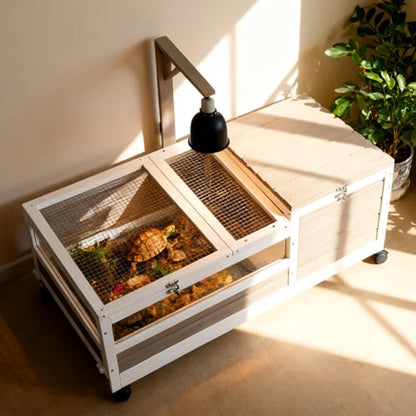 Tortoise Habitat with Lamp Holder in Indoor & Outdoor, Wooden Extensible Turtle Enclosure Table with 4 360° Lockable Wheels, Leakproof Tray, Openable Roof for Tortle, Lizard, Chameleon
