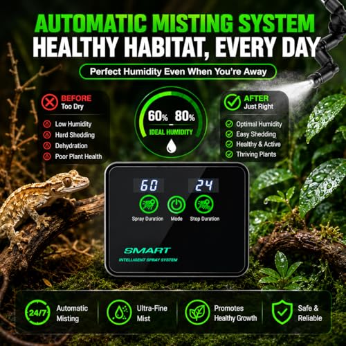 Reptile Mister Automatic Misting System, Reptile Humidifiers with Smart Timing Controller, Terrariums Humidifier with 360°Adjustable Misting Nozzles, Rainforest Ecosystem Sprayer - color: Black