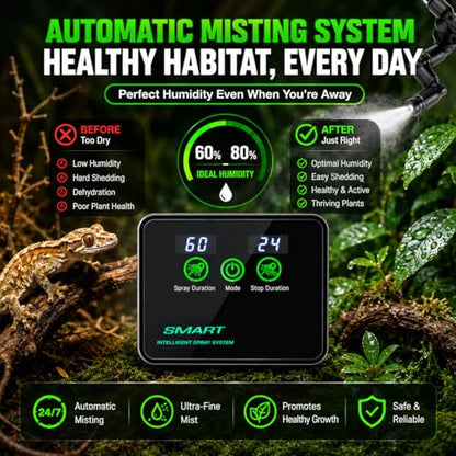 Reptile Mister Automatic Misting System, Reptile Humidifiers with Smart Timing Controller, Terrariums Humidifier with 360°Adjustable Misting Nozzles, Rainforest Ecosystem Sprayer - color: Black