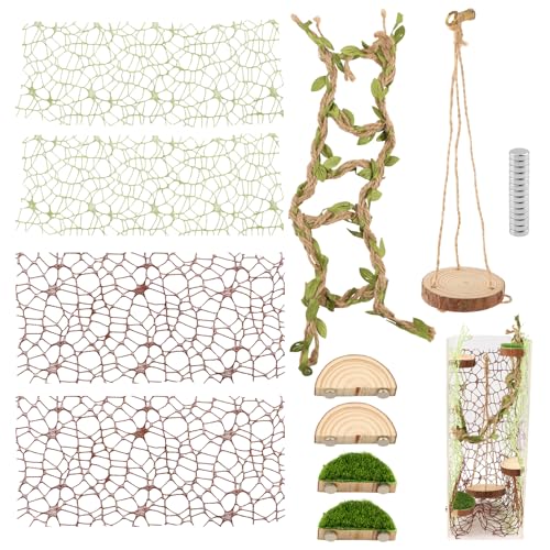 Jumping Spider Habitat Decor, Acrylic Insect Habitat Accessory Set with Magnetic Wooden Platform, Rope Ladder & Climbing Net, Natural Decor for Reptiles