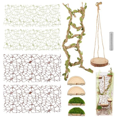 Jumping Spider Habitat Decor, Acrylic Insect Habitat Accessory Set with Magnetic Wooden Platform, Rope Ladder & Climbing Net, Natural Decor for Reptiles