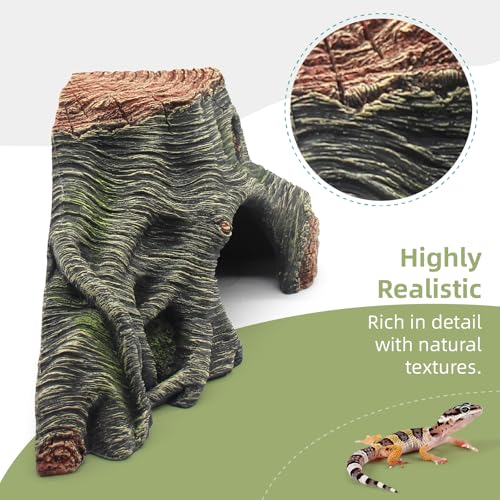 Reptile Hideouts Cave Habitat Decor, Hollow Tree Climing Ramp Basking Platform for Reptiles, Amphibians, Fish Tanks and Leopard Gecko, Snake, Lizard