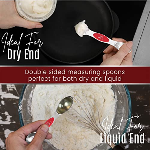 Magnetic Measuring Spoons Set of 9 Stainless Steel Dual-Sided Stackable Measuring Spoon Nesting Teaspoons Measuring Dry and Liquid Ingredients, Fits in Spice Jars Set of 9 (Red) - color: Red