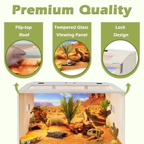 Bearded Dragon Tank, 30 Gallons Wooden Reptile Enclosure, Tempered Glass Lizard Tank, Large Bearded Dragon Enclosure with Built-in Lamp Fixture for Lizard - color: Oak, size: 30 gallons