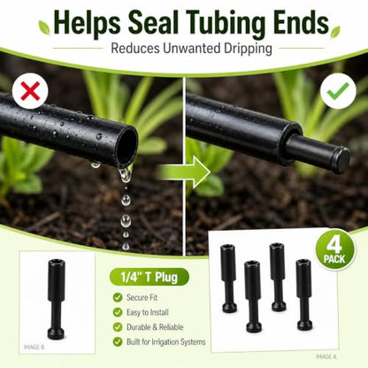 4-Pack 1/4 Inch Drip Irrigation T Plugs for Watering Kits | Push-In Plugs Seal Tubing Ends, Replace Lost Parts and Adjust Garden Watering Layouts for HEKIWAY Kits - size: 1/4 T Plug (Fitting)