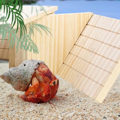 FlidRunest Wooden Large Hermit Crab W-Shaped Cave for Tank, Natural Hermit Crab Climbing Ladder Platform Set Toy, Safe Tank Corner Decor Hide Accessories Reptile Activity Platform