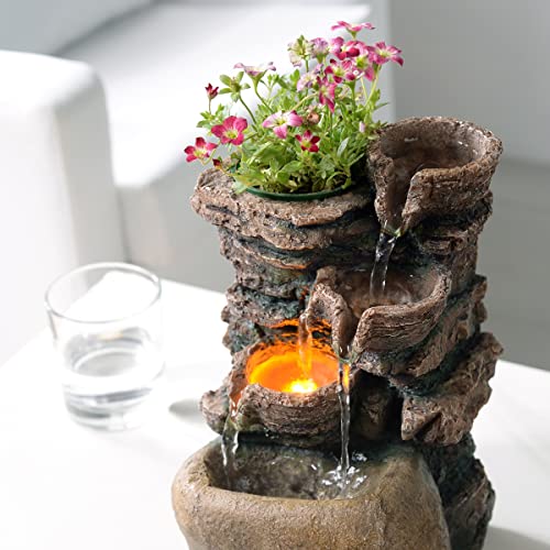 Haobos Indoor Fountain 4-Bowl Rockery Soothing Sound Tabletop Fountains Home/Office Decor with a Small Plastic Pot to Grow The Plant by Yourself(Automatic Watering)