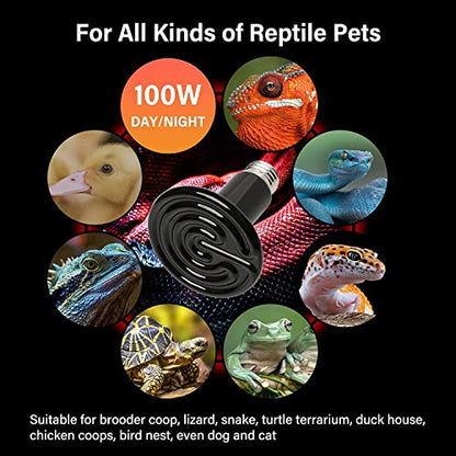 HealSmart Reptile Heat Lamp 100W 2-Pack Ceramic Heat Emitter, No Light Emitting Heat Bulbs for Amphibian Pet Brooder Coop Incubating Chicken, Lizard Bearded Dragon Turtle Snake Terrarium Black - size: 100W, style: 2 Pack