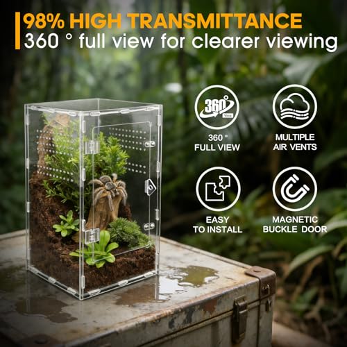 Jumping Spider Enclosure, Insect Terrarium, Bug Cage, Acrylic Terrarium for Tarantula, Snail, Praying Mantis, Frog, and Small Reptiles (7.8" x 7.8" x 13.7") - size: 7.8" x 7.8" x 13.7"