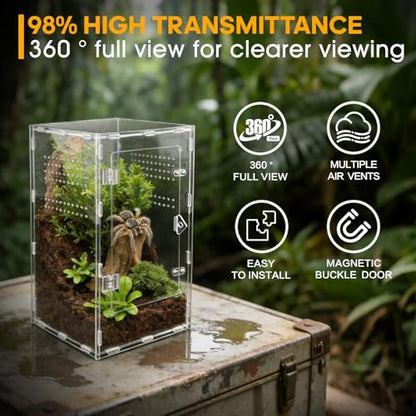 Jumping Spider Enclosure, Insect Terrarium, Bug Cage, Acrylic Terrarium for Tarantula, Snail, Praying Mantis, Frog, and Small Reptiles (7.8" x 7.8" x 13.7") - size: 7.8" x 7.8" x 13.7"
