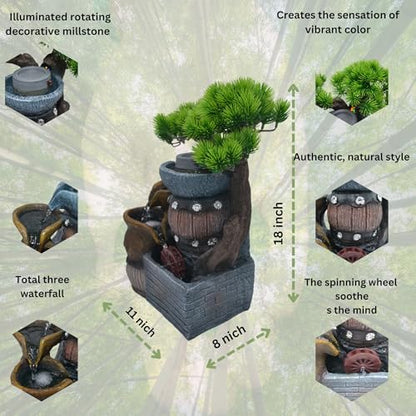 14.5-Inch Tabletop Water Fountain with Bonsai Tree, 3 Cascading Pots, Elegant 3-Tier Rock Garden, Serene Meditation Gift with Waterfall Sounds for Home/Office