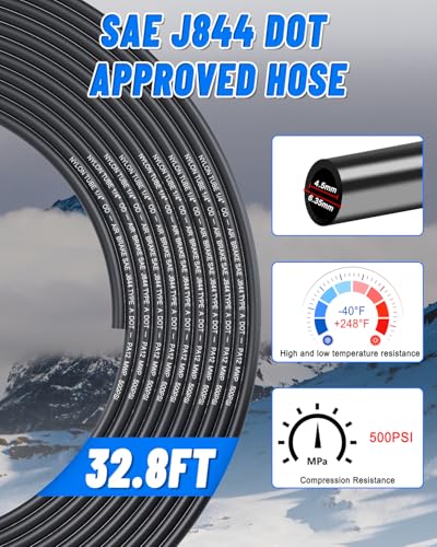 1/4" Air Line Tubing Kit, 32.8FT(10M) SAE J844 PA Nylon Air Hose Tubing with Cutter and Teflon Tape, 1/4" Air Hose with Push to Connect Fittings for Air Brake System Or Fluid Transfer(30PCS)