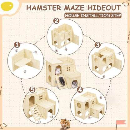BreezeHug 4 Pcs Hamster Cage Accessories Hamster Platform Hideout Wooden Tunnel Ladder Playhouse Game Climbing Toy with Platform for Pets Dwarf Syrian Mice Degus Gerbils Squirrel(Spy Villa) - style: Spy Villa