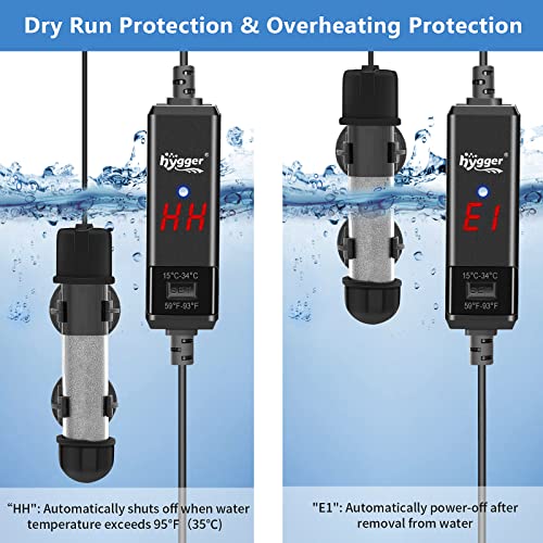 hygger Small Aquarium Betta Heater, Submersible Fish Tank Heater 10W/25W/50W/100W with LED Digital Display, Suitable for Marine Saltwater and Freshwater up to 5/10/16/26 Gallon - size: 100W