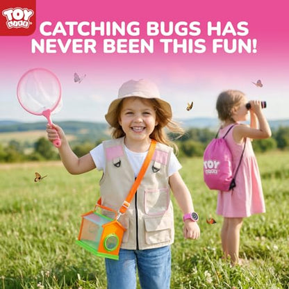TOY Life Kids Explorer Kit with Bug Catcher for Kids, Bug Catching Kit with Bug Toys, Kid Safari Vest & Hat, Compass, Binoculars, Magnifying Glass, Educational Outdoor Toys Girls Kid Adventure Kit - color: 18 Pcs-pink