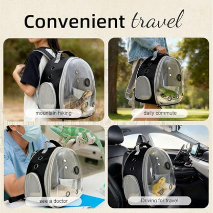 Bearded Dragon Backpack Carrier w/Reptile Thermometer Hygrometer, Clear Bubble Window Astronaut Space Capsule Travel Bag for Leopard Gecko, Ball Python, Lizard, Hermit Crab, Spider, Guinea Pig - color: Black