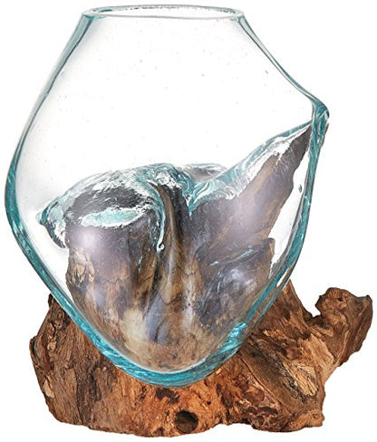 Molten Glass | #650-15A | Molten Glass & Wood Sculpture | Terrarium | Fairy Garden | Approximately 6" Wide | Natural Wood and Recycled Glass | - size: Approximately 6" Wide