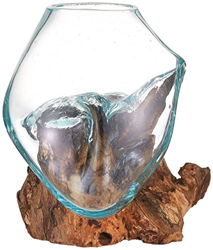 Molten Glass | #650-15A | Molten Glass & Wood Sculpture | Terrarium | Fairy Garden | Approximately 6" Wide | Natural Wood and Recycled Glass | - size: Approximately 6" Wide