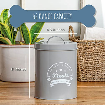 Metal Pet Treat Jar with Airtight Lid for Dogs, Cats, Puppies and More, Chic Kitchen Countertop Container for Cookies, Biscuits and Treats (Gourmet Biscuits, Grey, 1.4 Qt) - color: Gourmet Biscuits (Grey)