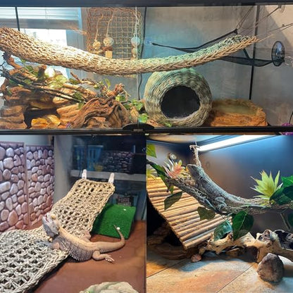 Tfwadmx 2 Pack Large Bearded Dragon Hammock,30"x7"Lizard Climbing Lounger,Natural Seagrass Reptile Hammocks Tank Accessories with Flexible Vines Jungle Leaves Decor for Geckos Snakes Chameleon