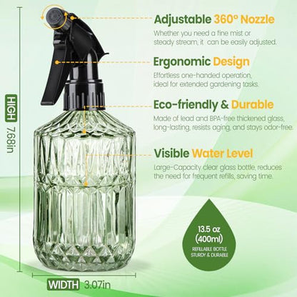 Glass Plant Mister Bottle - 13.5 oz Refillable Leak Proof Water Spray Bottle for Indoor Plants, Spring Gardening,Cleaning, Hair, Pets Care with Adjustable Mist Nozzle (Green) - color: Green