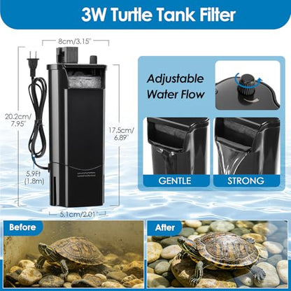 fishkeeper Turtle Tank Filter for Reptile Frog,Circulation Aquarium Filter | Adjustable Water Flow & 2 Filter Cartridges,2 Mounting Ways Low Water Level Quiet filters for turtle tank up to 15Gal