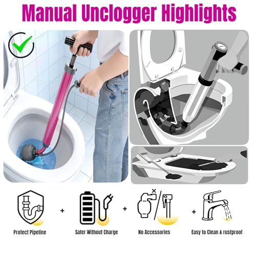 Manual Drain Unclogger with Adaptive Inflatable Plug, Fits NPS1.5~4.5" Pipes for Toilet/Sink/Bathtub, No Extra Accessories, Hand Pump Pressure & Washable, Lightweight Toilet Plunger & Drain Auger Tool | Fits NPS 1.5-4.5" pipes, washable, no electricity, n