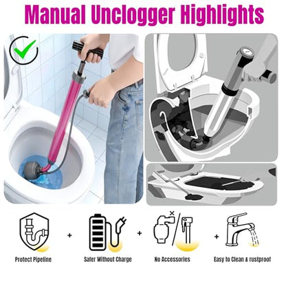 Manual Drain Unclogger with Adaptive Inflatable Plug, Fits NPS1.5~4.5" Pipes for Toilet/Sink/Bathtub, No Extra Accessories, Hand Pump Pressure & Washable, Lightweight Toilet Plunger & Drain Auger Tool | Fits NPS 1.5-4.5" pipes, washable, no electricity, n