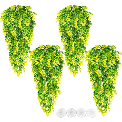Hamiledyi 4 PCS Reptile Plants Hanging Terrarium Plants Artificial Leaves Habitat Decorations with Suction Cup Green and Yellow Fake Amphibian Plants for Bearded Dragon Lizard Geckos Chameleon - size: 4 PCS