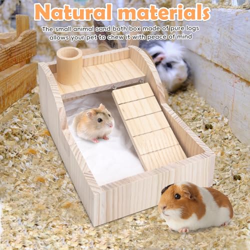 PINVNBY Hamster Sand Bath Box Wooden Small Animals Shower Room & Digging Sand Bath Container with Bowl for Dwarf Syrian Mice Mouse Gerbil and Other Small Animals