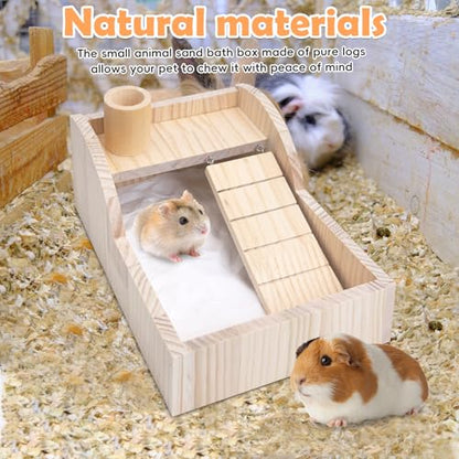 PINVNBY Hamster Sand Bath Box Wooden Small Animals Shower Room & Digging Sand Bath Container with Bowl for Dwarf Syrian Mice Mouse Gerbil and Other Small Animals