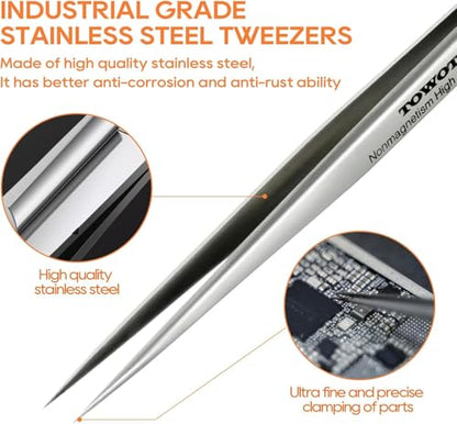 Precision Tweezers, Stainless Steel Pointed Tweezers for Craft, Electronics, Soldering, Experimental Work, Jewelry-Making, Non-Magnetic Industrial Tweezers by TOWOT - size: 120mm