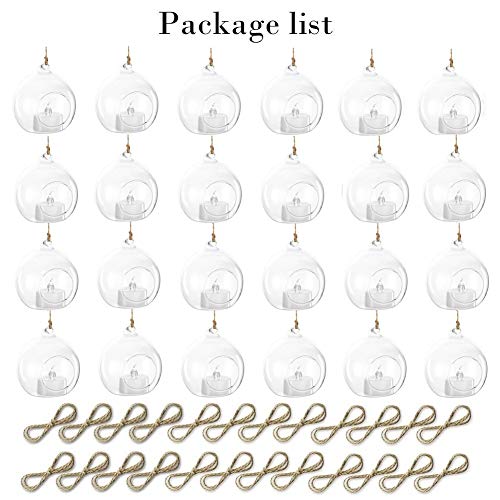 NUPTIO Hanging Glass Tealight Holders with LED, 24 Pcs, 3.15 Inch | Includes Flameless Lights, Clear Votive Globes, Ready to Hang, for Terrariums, Gardens, Weddings, DIY Gifts - size: 3.15 inches