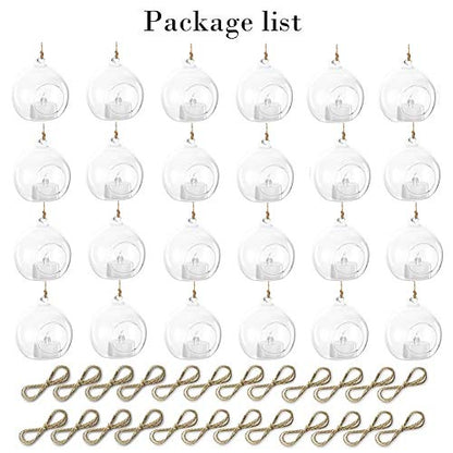 NUPTIO Hanging Glass Tealight Holders with LED, 24 Pcs, 3.15 Inch | Includes Flameless Lights, Clear Votive Globes, Ready to Hang, for Terrariums, Gardens, Weddings, DIY Gifts - size: 3.15 inches