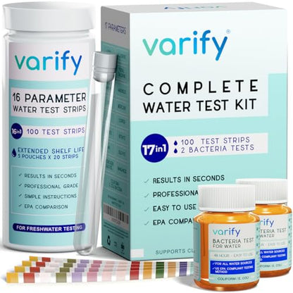 17in1 Complete Drinking Water Test Kit - 100 Strips + 2 Bacteria Tester Kits - Well, Tap, Home, City Water Testing Strip for Lead, Alkaline, Chlorine, Hardness, Iron, Fluoride, Copper & More