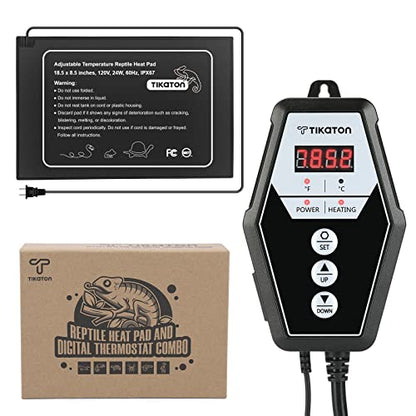 Tikaton Reptile Heating Pad and Digital Thermostat Combo Set, Under Tank Heater for 10-20gal/30-40gal Tank, Terrarium Heat Mat for Turtle/Snake/Lizard/Frog/Spider/Plant Box - size: 1 Pack-18.5" X 8.5"