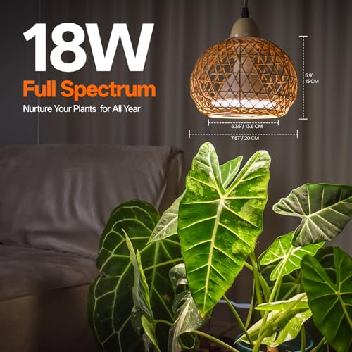 Hanging Grow Light for Indoor Plants 18W | Full Spectrum Plant Light, With 4H/9H/14H Timer, Boho Rattan Shade, 3800K Hanging Lights for Indoor Plants - size: Rattan Lantern-Hanging