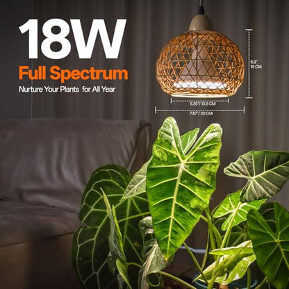 Hanging Grow Light for Indoor Plants 18W | Full Spectrum Plant Light, With 4H/9H/14H Timer, Boho Rattan Shade, 3800K Hanging Lights for Indoor Plants - size: Rattan Lantern-Hanging