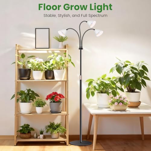 Floor Grow Lights for Indoor Plants, Full Spectrum, for Tall Plant | 3-Head Gooseneck Grow Lamp, 2.3in Spotlight-Style Heads, 78 Red/Blue/White LEDs, Timer & Dimming, 16.5-61in Height, Black - size: 3-Head